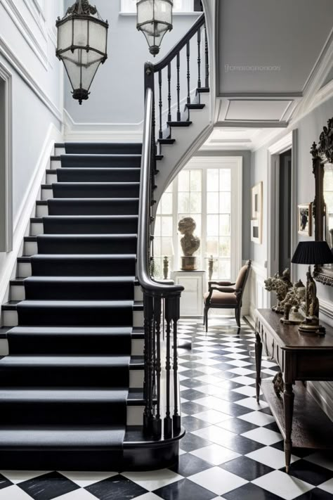 Monochrome Hallway with Tiled Flooring Monochrome Hallway, Black And White Hallway, Black And White Stairs, Black Staircase, Staircase Decor Ideas, White Hallway, White Staircase, Victorian Hallway, Black Stairs