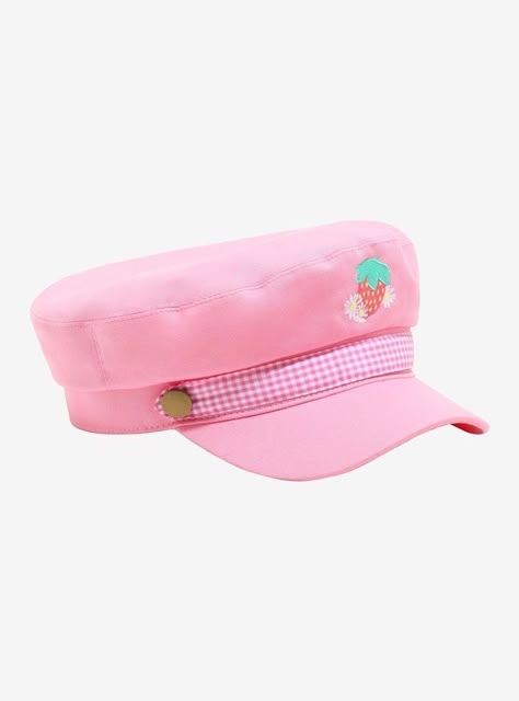 Pink Captain Hat, Pink Gingham Outfit, Embroidered Strawberry, Strawberry Hat, Hats Cute, My Sweet Piano, Kawaii Hat, Pink Clothes, Strawberry Patch