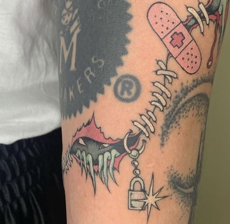 Toxic Tattoo, Stitches Tattoo, 108 Tattoo, Trippy Tattoo Ideas, Gap Filler Tattoo, Knee Tattoos, Zombie Tattoos, American Traditional Tattoo Ideas, Traditional Tattoo Ideas