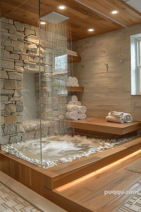 Gorgeous Showers, Jaccuzi Bathroom Master Bath, Bathtub In Shower Walk In, Open Shower Ideas Walk In, Doorless Showers Walk In Master Bath, Rock Shower Ideas, Rustic Walk In Shower Ideas, 2024 Bathroom, Morton Building