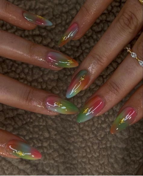 Eyeshadow Nail Art, Nail Art Rainbow, 23 Nails, Rainbow Nail Art, Rainbow Nail, Color Aesthetic, Hippie Nails, Summer Nail Art, Medium Almond