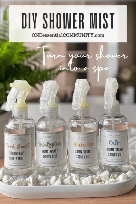 Aromatherapy Business Ideas, Shower Aromatherapy Diy, Shower Oil Diy, Diy Bathroom Spray Essential Oils, Shower Spray Diy Daily, Air Wick Essential Mist Refill Diy, Body Mist Recipe, Essential Oil Party, One Essential Community