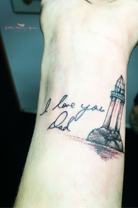 Wrist Tattoo, Memorial Tattoo, Lighthouse Tattoo #Myfirsttattoo… Lighthouse And Boat Tattoo, Lighthouse And Waves Tattoo, Lighthouse Memorial Tattoo, Feminine Lighthouse Tattoo, Daddy Memorial Tattoos, Barnegat Lighthouse Tattoo, In Loving Memory Tattoos, Red Bird Tattoos, Lighthouse Tattoo