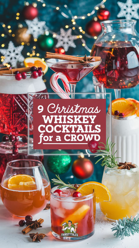 "Discover 9 festive Christmas whiskey cocktails perfect for a crowd! These  yummy fall alcoholic drinks are ideal for holiday parties and gatherings.  From punch bowl cocktails to cheap cocktails for a crowd, you'll find  delicious drinks to serve at any celebration. Explore whiskey cocktails for  a crowd that are easy to make and sure to impress your guests. Try big  batch drinks alcoholic and sparkling alcoholic drinks that elevate your  festive spirit!" Christmas Party Drinks Batch, Men Cocktail Drinks, Whiskey Punch For A Crowd, Bourbon Punch For A Crowd, Big Batch Holiday Cocktails, Large Batch Christmas Cocktails, Christmas Batch Cocktails, Frozen Shots, Warm Whiskey Drinks