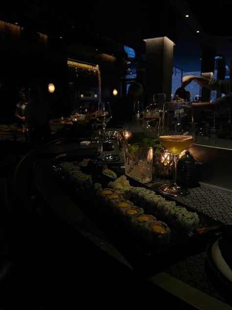 Sushi Dark Photography, Sushi Dark Aesthetic, Hibachi Restaurant Aesthetic, Wine Aesthetic Night, Sushi Night Aesthetic, Food Dark Aesthetic, Night Luxe Aesthetic, Chic Diet, Stolen Pics