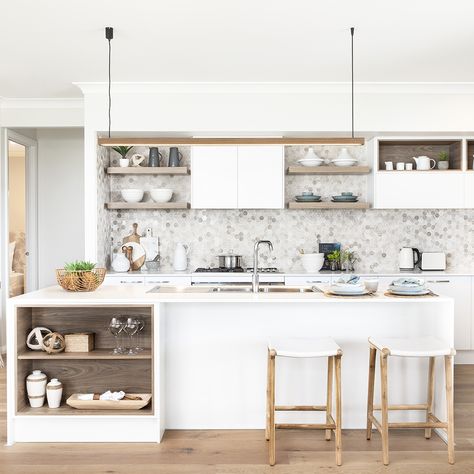 We love this beach house styled kitchen. Relaxed and calm with a combination of open shelving and classic cabinetry with a large island bench.

#Coastal #BeachStyle #Home #Kitchen #Tasmania #Australia #WilsonHomesTas #LoveBeingHome Mcdonald Jones Homes, Coastal Interior Design, Kitchen Island Bench, White Shaker Kitchen, Barn Kitchen, Coastal Interior, Open Plan Kitchen Living Room, Beach House Kitchens, Beach Kitchens