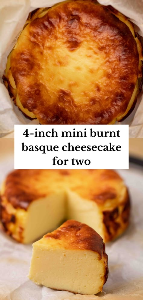 4-inch mini burnt basque cheesecake for two Healthyish Snacks, British Dessert Recipes, Burnt Basque Cheesecake Recipe, Cheesecake For Two, Basque Cheesecake Recipe, Crustless Cheesecake, Basque Recipes, Burnt Basque Cheesecake, Lifestyle Of A Foodie