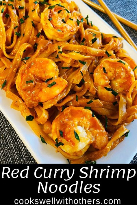 Noodles and shrimp on a platter with a Curry sauce Cheap Recipe For Dinner, Stir Fried Ramen, Fried Ramen Noodles, Garlic Ramen Noodles, Shrimp Noodles Recipes, Thai Red Curry Noodle Soup, Shrimp Rice Noodles, Red Curry Shrimp, Garlic Ramen