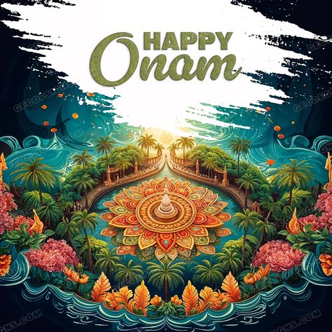 Happy Onam 2024, Onam wishes with digital art of Athapookalam image Onam Celebration Poster, Onam Posters Creative Malayalam, Onam Celebration Program Poster, Onam Poster Design Malayalam, Onam Wishes Images, Maveli Onam Poster Background, Onam 2024, Onam Poster, Kathakali Face