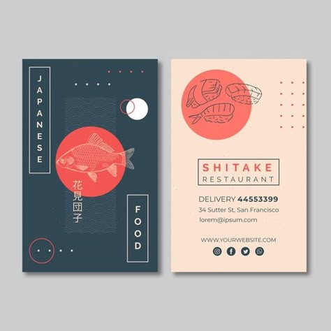 Vertical business card template for japa... | Premium Vector #Freepik #vector #business-card #food #business #card Ad Layouts Ideas, One Sided Business Card Design, Japanese Business Card, Graphic Design Restaurant, Visit Card Design, Post Card Design, Visit Cards, Vertical Business Card, Restaurant Business Cards