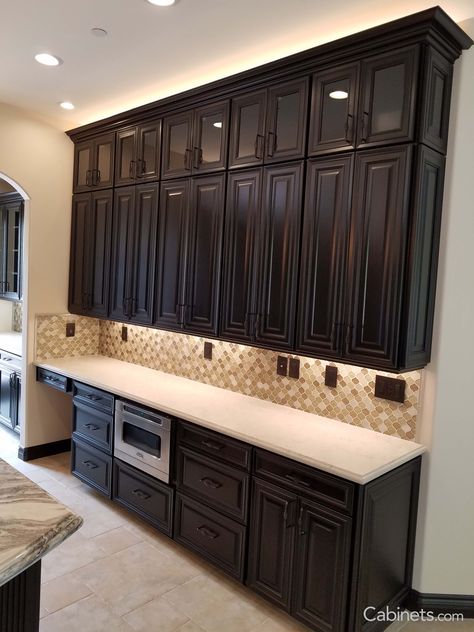 Espresso Cabinets Kitchen, Glass Upper Kitchen Cabinets, Expresso Cabinets, Kitchen With Dark Brown Cabinets, Stacked Cabinets, Dark Brown Kitchen Cabinets, Dark Brown Kitchen, Dark Brown Cabinets Kitchen, Espresso Kitchen Cabinets