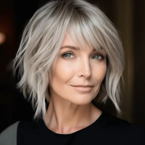 Grey Shaggy Bob, Shaggy Bob For Thick Hair Over 50, Angled Shaggy Bob, Short Blonde Haircuts With Bangs, Shaggy Bob For Fine Hair Choppy Hairstyles, Bixby Haircut, Grey Hair Bob, Sassy Bob Haircut, Bob Hairstyle Ideas