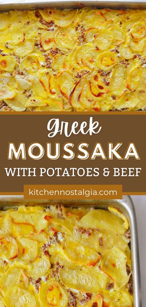 Looking for a delicious and creative dish to make? This Moussaka recipe is a delicious Greek casserole that will be sure to please the whole family! Featuring potatoes and beef, this dish is sure to be a huge hit with everyone. So why wait? Get started on this mouth-watering meal today! Greek Casserole, Potato Moussaka, Greek Moussaka, Asian Steak Bites, Kitchen Nostalgia, Moussaka Recipe, Greek Dinners, Greek Potatoes, Greek Dishes