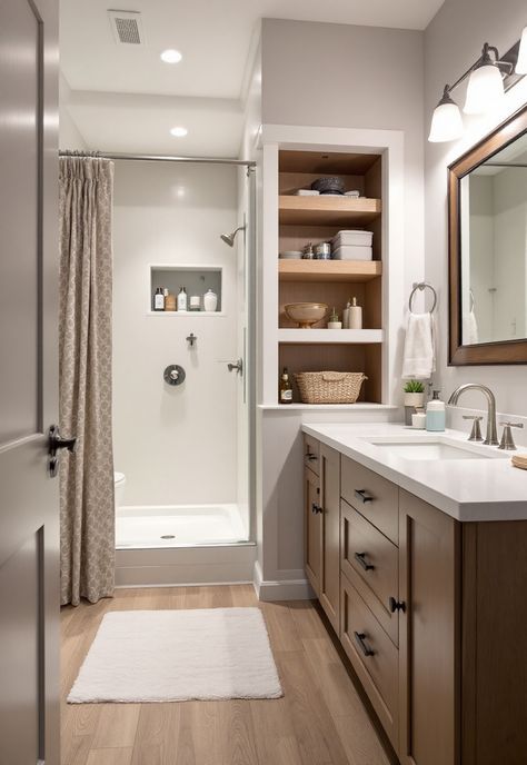 Small Bathroom Ideas Narrow Bathroom Layout, Narrow Cabinets, Small Narrow Bathroom, Recessed Shelving, Beautiful Small Bathroom Designs, Long Narrow Bathroom, Small Bathroom Styles, Minimalist Small Bathrooms, Small Bathroom Storage Solutions