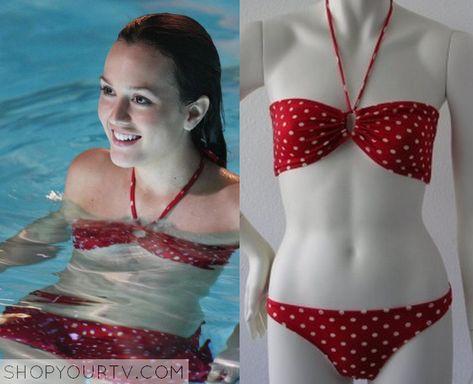 blair polka dot bikini Blair Waldorf Bathing Suit, Blair Waldorf Swimsuit, Blair Waldorf Summer Outfits, Gossip Girl Season 1, Polka Dot Bathing Suit, Fashion Infographic, Gossip Girl Blair, Worn On Tv, Gossip Girl Fashion