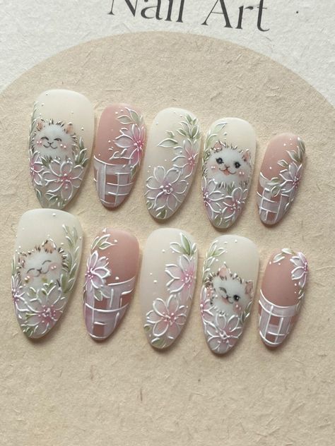 Cute Asian Nails, Korea Nails Design, Japanese Style Nails, Unusual Nail Designs, Cats And Flowers, Cartoons Movies, Flowers Nails, Asian Nails, Style Nails