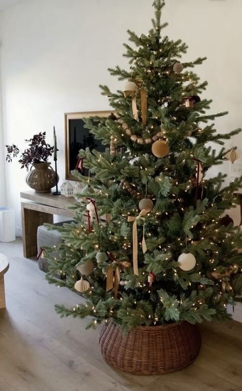 Small Christmas Tree Display Ideas, Christmas Tree Aesthetic Ideas, Norfolk Christmas Tree, Real Xmas Tree Decorating Ideas, Naturally Decorated Christmas Trees, Ribbon Only Christmas Tree, Neutral Xmas Decor, Xmas Garland Ideas Decoration, Simple Rustic Christmas Tree