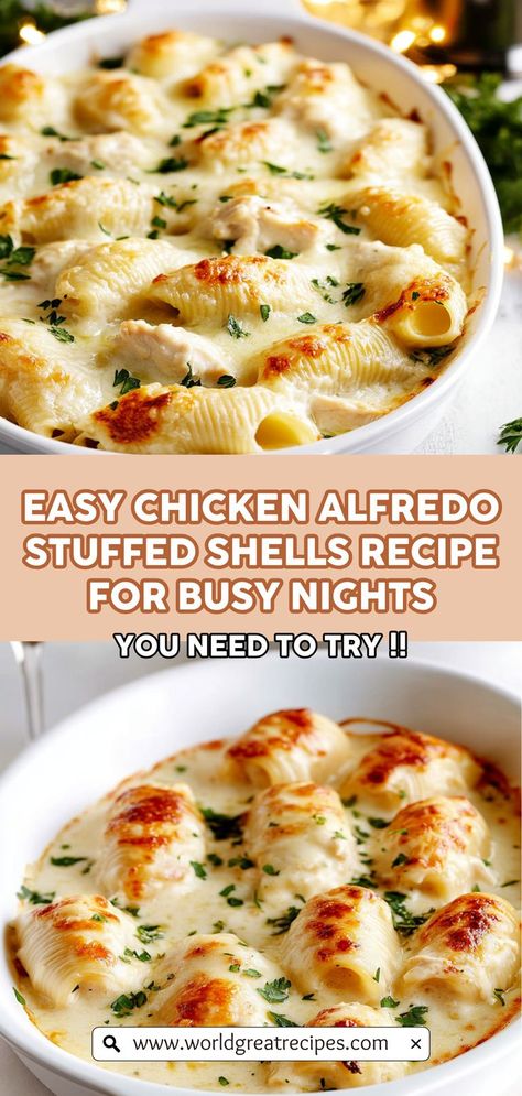 Discover the ultimate comfort food with these Chicken Alfredo Stuffed Shells, a dish that’s packed with flavor and warmth. Jumbo pasta shells cradle a creamy filling made of chicken, cream cheese, and Alfredo sauce, all topped with melted mozzarella cheese. This easy-to-make recipe is perfect for gatherings or cozy family dinners, and it’s a fantastic way to use up leftover chicken. Serve with a sprinkle of fresh parsley for a beautiful presentation. Comfort food has never tasted so good! Stuffed Shell Recipes Easy, Chicken Alfredo Stuffed Pasta Shells, Chicken Marsala Stuffed Shells, Chicken Alfredo And Broccoli Stuffed Shells, Stuff Shells With Chicken, Stuffed Shells With White Sauce Recipe, Chicken Taco Stuffed Shells, Stuffed Shells Recipe Alfredo, Chicken Alfredo Shells Stuffed