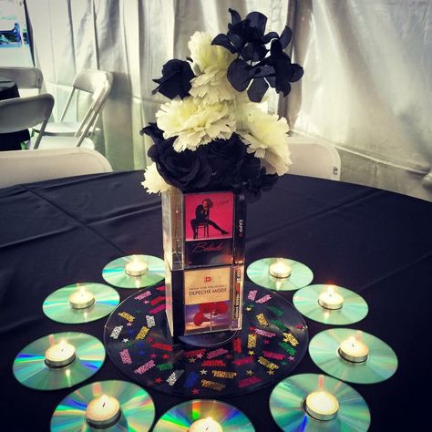 Another centerpiece #HipHop #HipHopBirthdayTheme #Themed #Centerpiece Cd Centerpiece Ideas, Record Centerpieces Ideas, 60th Birthday Centerpieces, Gala Centerpieces, Soul Train Party, Music Centerpieces, Bday Vibes, 40th Party Ideas, 90s Party Decorations