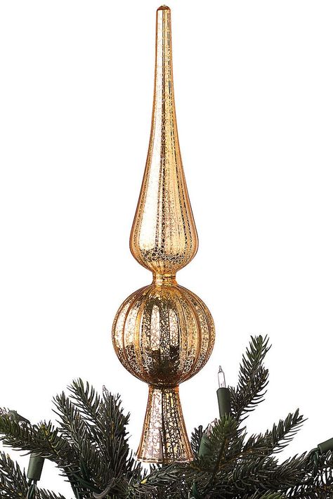 Add a touch of shimmer—and elegance—to your tree with this gold mercury glass tree topper. Z Finial Christmas Tree Topper, Clear Glass Tree Topper, Glass Christmas Tree Toppers, Vintage Christmas Ornaments Mercury Glass Tree Toppers, Mercury Glass Tree Topper, Best Christmas Tree Toppers, Christmas Tree Topper Ideas, Tree Topper Ideas, Silver Gold Christmas