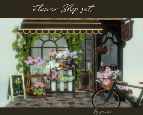 Flower Shop set | pocci on Patreon Flower Display Stand, Cool Retail, City Layout, Sims Building, Cherry Blossom Branch, Sims 4 Dresses, Flower Store, Rose Pictures, Decor Buy