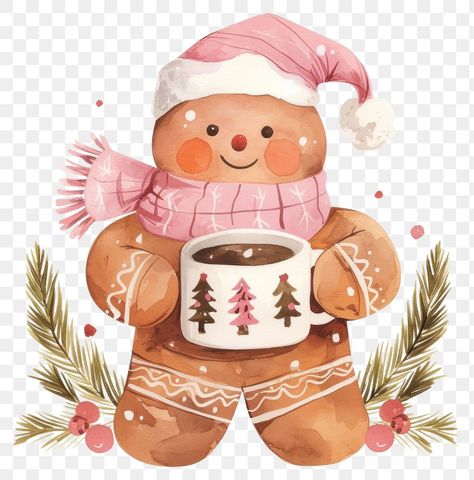 Christmas Aesthetic Illustration, Gingerbread Man Illustration, Gingerbread Watercolor, Gingerbread Illustration, Pink Gingerbread Man, Pink Christmas Gingerbread, Watercolor Chocolate, Watercolor Gingerbread, Aesthetic Pngs