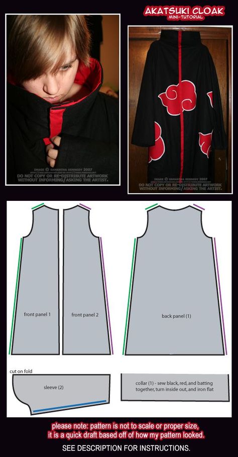 Anime Naruto Akatsuki Cloak, Cloak Pattern, Akatsuki Cosplay, Naruto Costumes, Cosplay Naruto, Mini Tutorial, Naruto Cosplay, Cosplay Tutorial, Anime Crafts