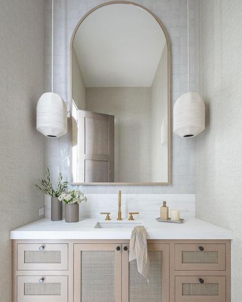 White Oak Vanity Powder Room, Brooke Wagner Design, Powder Room Wallpaper Modern Burke Décor, Brooke Wagner Design Bathroom, Amber Interiors Powder Room, Coastal Powder Room Ideas, Burl Wood Bathroom Vanity, Coastal Powder Room, Nyc Interior Design