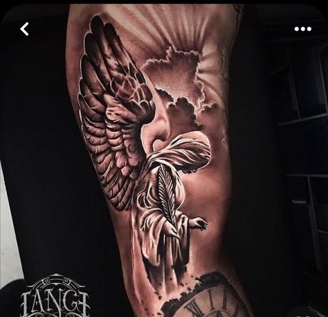 Angel Wings Half Sleeve Tattoo, Protect Family Tattoo, Guardian Angel Tattoo For Men Shoulder, Tattoo Ideas For Men Sleeve Angel, Falling Angel Tattoo For Men, Men’s Angel Tattoo, Angel Tattoo Men Arm, Guardian Angel Tattoo For Men, Angle Tattoo For Men