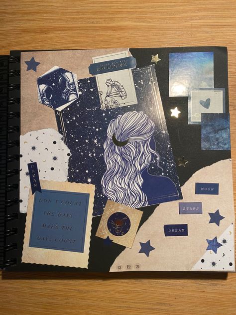 Blue junk journal Diary Cover Design, Map Collage, Couple Scrapbook, Scrapbook Examples, Blue Scrapbook, Scrapbook Cover, Aesthetic Galaxy, Bullet Journal Paper, Diary Covers