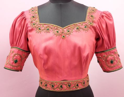 Buff sleeve blouse with hand embroidery Buff Blouse Designs, Buff Sleeve Saree Blouse, Buff Sleeves Blouse Designs, Sleeves Blouse Designs, Buff Sleeves, Blouses Designs, Flower Sleeve, Sleeves Blouse, Trendy Blouses