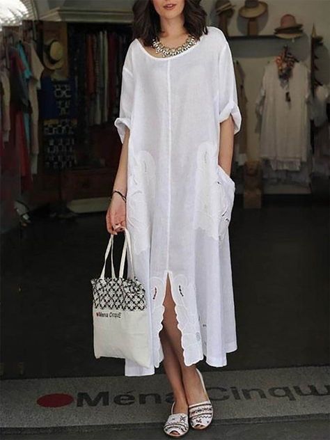 b147a61c1d07c1c999560f62add6dbc7desc42299922ri Sukienki Plus Size, Stil Boho, Maxi Dress Online, Linen Maxi Dress, Crewneck Dress, Fashion Dresses Casual, Maxi Dresses Casual, Casual Dresses For Women, Half Sleeves