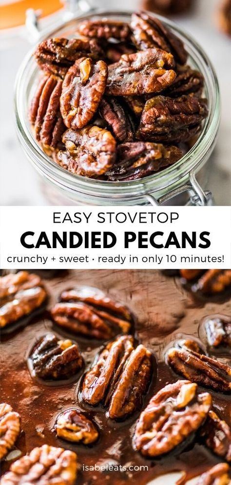 Pecans Candied, Candied Pecans Easy, Easy Candied Pecans, Isabel Eats, Candied Pecans Recipe, Nut Recipes, Crunchy Snack, Pecan Recipes, Candied Nuts