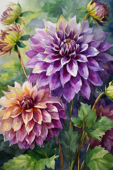 Stunning watercolor painting of vibrant dahlias in full bloom, showcasing rich purple and pink hues. Dahlia Flower Painting, Dahlia Painting, Dahlia Painting Acrylic, Dahlia Watercolor, How To Paint A Dahlia In Acrylic, Painting Dahlias, Dahlia Painting Watercolors, How To Paint Watercolor Dahlias, Daliah Flower