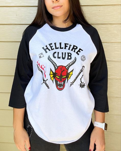 Hand pressed stranger things eddie munson hellfire club baseball tee Eddie Munson Hellfire Club, Hell Fire Club, Stranger Things Eddie Munson, Stranger Things Eddie, Club Tshirt, Fire Design, Hellfire Club, Hell Fire, Fire Designs