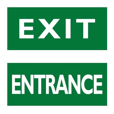 Exit and Entrance signs. English white text on green background. Entrance Signage Printable, Green Signage, Entrance Signs, Preschool Patterns, Entrance Signage, Grunge Posters, Broken Screen Wallpaper, Camping Inspiration, The Exit