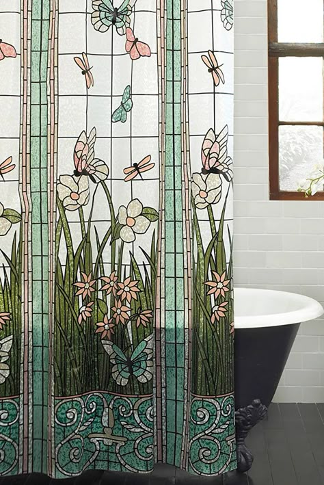 PRICES MAY VARY. Beautiful Stained Glass Meadow Flower Dragonfly polyester farbic shower curtain for better effect of bathroom and home decoration Size: 66x72 inch, Package: 1x shower curtain with high-quality plastic hooks Material: Polyester Fabric.This shower curtain is clearly printed with 3D graphic designs which uses eco-friendly ink in printing. It looks amazing in your bathroom. No color fading. Our bathroom curtain is machine washable.Easy to clean. Waterproof with smooth surface which Rich Bathroom, Extra Long Shower Curtain, Long Shower Curtains, Dragonfly Print, Bathroom Color Schemes, Bad Inspiration, Bath Curtain, Striped Shower Curtains, Inspire Me Home Decor