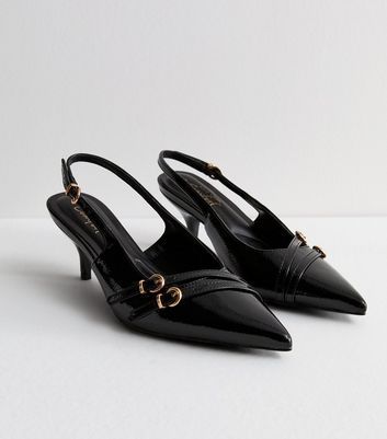 New Look Black Patent Pointed Kitten Heel Court Shoes. Designed in a classic patent finish with hidden Comfort* features, these black court shoes will take you from work to weekend in style.- Black- Patent finish- Pointed toe- Double strap front detail- Gold-tone hardware- Slingback fastening- Kittenheel- Heel height: 2.5" / 6cm*Comfort: a range of styles designed with features such as cushioned padding, softer linings and flexible soles. Uni Prep, Gold Kitten Heels, Slingback Kitten Heels, Black Court Shoes, Holiday Fits, Outfit Inso, Black Kitten Heels, Kitten Heel Shoes, Wedding Guest Shoes