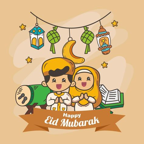 happy eid mubarak with two muslim kids, drum, al quran and lantern Ied Mubarak Design, Eid Mubarak Cartoon, Happy Ied Mubarak, Mosque Illustration, Ramadan Arabic, Poster Ramadhan, Diy Eid Gifts, Eid Boxes, Ramadan Design