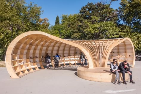 City's First Street Library Is Made With Wood & Parametric Design Bus Stop Design, Street Library, Pavilion Architecture, Pavilion Design, Parametric Architecture, Architecture Design Drawing, Architecture Concept Drawings, Parametric Design, Landscape Architecture Design