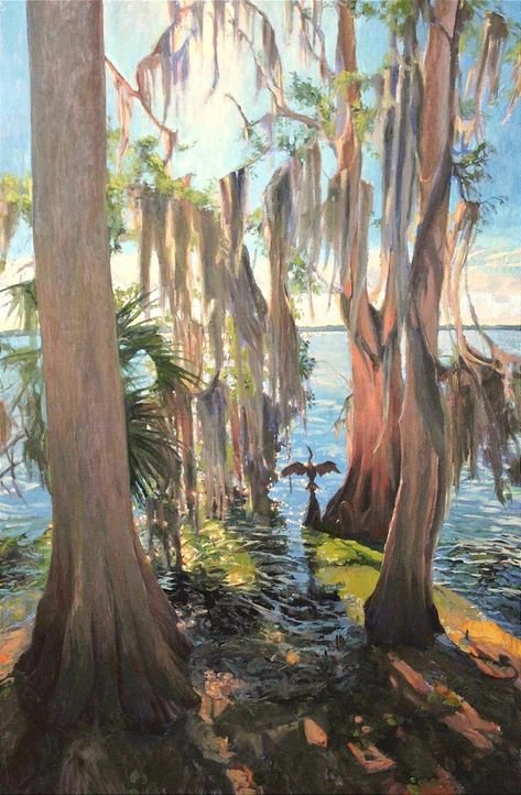 "It's as much about the light as the subject." Florida artist Blair Updike is known for her backlit scenes. What Floridian hasn't looked with wonderment on the beauty a fringy cabbage palm pierced through with sunset-light, or lakeside trees haloed with mid-morning sparkles. You can see more @bupdikeart  #floridaartist #floridapaintings #wildflorida Swamp Art, Florida Painting, Florida Artwork, Derby Car, Florida Artist, Florida Springs, Bachelorette Ideas, Sunset Light, Spring Painting