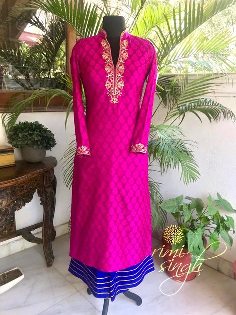 "No matter how plain a woman may be, if truth and honesty are written across her face, she will be beautiful"  Plum with magenta booti kurta in tanchoi silk with zardosi embroidery on the neckline and sleeves teamed with an ink blue cotton silk palazzo.  Available exclusively at  Rimi Singh Studio A 999 Sushant Lok 1  Gurgaon  #9818310054 Achkan Style Suits For Women, Zardosi Embroidery, Punjabi Outfits, Designing Ideas, Designer Kurti Patterns, Kurti Patterns, Long Gown Dress, Designer Kurti, Dresses Indian