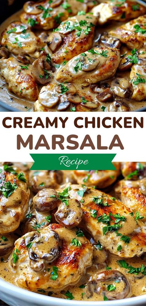 Indulge in this Creamy Chicken Marsala Recipe that combines tender chicken breast with a rich, flavorful mushroom sauce. Perfect for a cozy dinner, it’s quick and easy to make, bringing restaurant-quality taste to your kitchen. Try this dish today and impress your family! Save the pin for the ultimate chicken dinner recipe! Chicken Marsala Natasha’s Kitchen, Best Chicken Meals, What Goes With Chicken Marsala, Southern Chicken Dinner Recipes, Healthy Dinner Recipes Mushrooms, Mushroom And Onion Chicken, Creamy Marsala Chicken, Marscapone Chicken Recipes, Chicken Marsala Indian