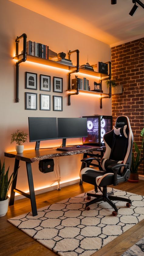 🌿🔥 Industrial-Modern Gaming Setup with Warm Aesthetic 🎮✨

Description:
A sophisticated gaming setup featuring a live-edge wood desk, dual monitors, and a sleek glass-panel PC. Exposed brick, warm LED backlighting, and black metal shelving add an industrial touch. A Moroccan rug and greenery complete the cozy vibe. 🖥️🌿🔥

#GamingSetup #IndustrialDesign #PCGaming #Battlestation #MinimalistGaming #SetupInspo Pc Gaming Setup Dual Monitor, Modern Gaming Bedroom, Bedroom Office Setup, Best Dual Monitor Setup, Modern Gaming Setup, Black Metal Shelving, Live Edge Wood Desk, Multiple Monitor Setup, Industrial Home Office