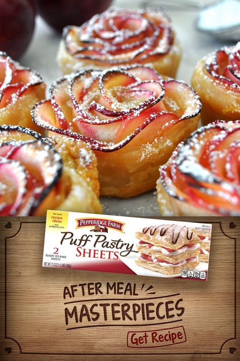 Puff Pastry Apple Roses Recipe, Apple Roses Puff Pastry Recipes, Apple Puff Pastry Roses, Apple Rose Puff Pastry, Baked Apple Roses Puff Pastries, Apple Roses Puff Pastry Video, Pepperidge Farm Puff Pastry Recipes, Food Roses, Puff Pastry Roses