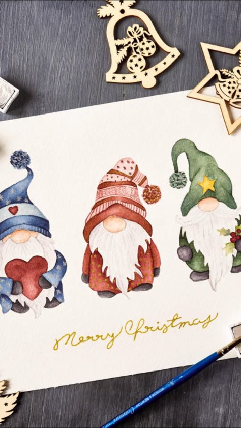 Watercolor Christmas Gnome Tutorial, Christmas Gnomes Watercolor Painting, Watercolor Nomes, Gnome Watercolor Paintings, Christmas Gnome Watercolor, Watercolor Gnomes Christmas, Watercolour Gnomes, Christmas Gnomes Painting, Diy Watercolor Christmas Cards