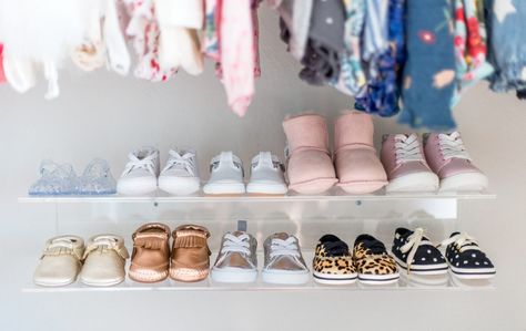 Holland's Nursery and Closet Reveal - Madison Nursery Closet Shoe Organization, Nursery Shoe Storage, Organizing Baby Shoes, Baby Shoe Organizer, Toddler Shoe Organization, Shoes Organization Ideas, Organize Baby Shoes, Baby Shoe Organization, Baby Shoe Storage