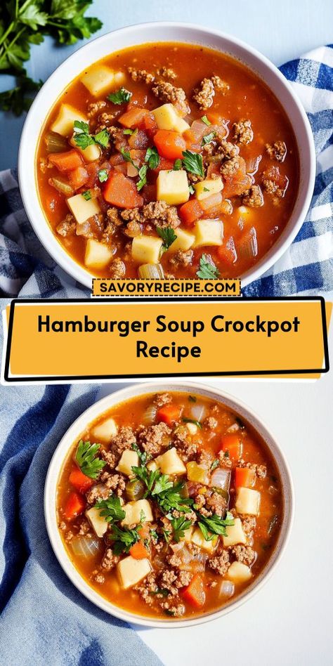 Warm up with this delicious Hamburger Soup Crockpot Recipe! Packed with flavorful ground beef, hearty vegetables, and savory broth, this comfort food is perfect for chilly days. Easy to prepare and perfect for meal prep, it's a must-try for soup lovers. Enjoy a bowl of warmth tonight! Hamburger And Noodle Soup, Gluten Free Hamburger Soup, Hamburger Soup Crockpot Easy, Hamburger Potato Soup Recipe, Soups With Ground Beef Crockpot, Crockpot Hamburger Soup, Beef Soup Crockpot, Hamburger Soup Crockpot, Best Hamburger Soup Recipe