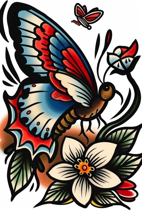 Tattoo idea: tattoo sketch Butterfly Fluttering around flowers in 2 Tropical Butterfly Tattoo, Sketch Butterfly, Butterfly Leg Tattoos, Americana Tattoo, Tropical Butterfly, Idea Tattoo, New Tattoo Designs, 3d Tattoos, Tattoo Sketch