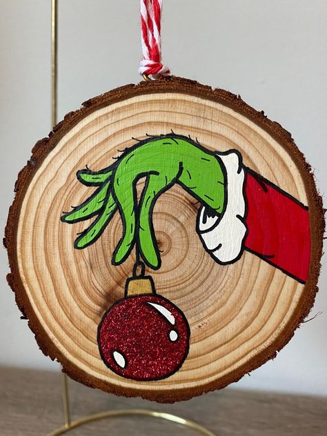 The Grinch Hand Painted Wood Slice Ornament | Etsy The Grinch Hand, Grinch Hand, Handpainted Christmas Ornaments, Fall Ornaments, Christmas Classics, Mr Grinch, Easy Diy Christmas Gifts, Wood Slice Art, Wood Burning Crafts